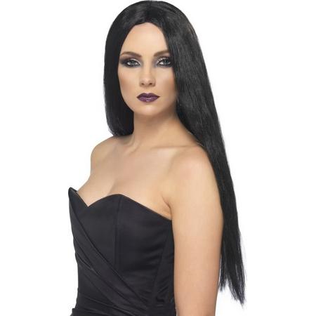 Heksenpruik met lang stijl zwart haar