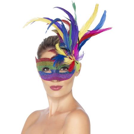 Regenboog masker met veren - Venitaanse masker met regenboogkleuren