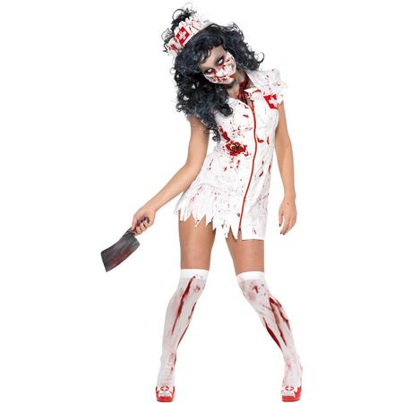 Zombie Zusterkostuum - Wit zuster pakje met bloedvlekken, mondkapje en hoofdkapje - Verkleedkleding dames maat 44-46