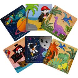 6 stuks houten puzzel kinderen voetbal, dinosaurus, piraat, ruimte - uitdeelcadeautje traktatie kinderverrassingen