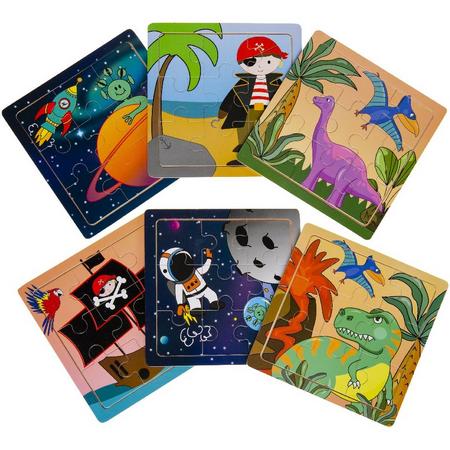 6 stuks houten puzzel kinderen voetbal, dinosaurus, piraat, ruimte - uitdeelcadeautje traktatie kinderverrassingen