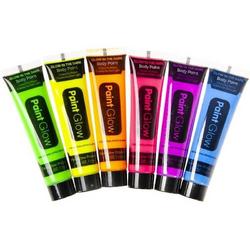 6 x 25 ml Paint Glow in the dark Face & Body paint NEON roze geel paars oranje groen blauw - XL tubes