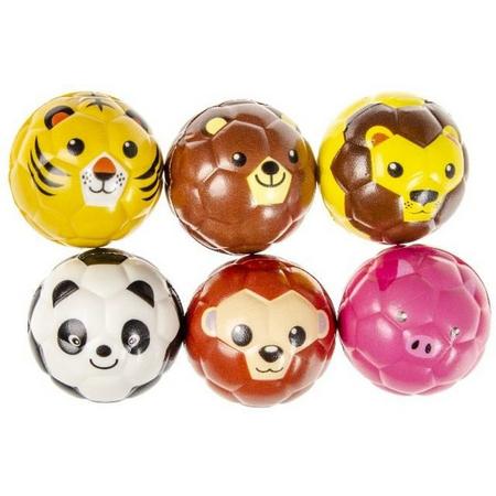 Dierengezicht PU stress ballen - set van 12 stuks - 6 verschillende dieren - 60 mm - traktatie uitdeelcadeau kinderfeestje