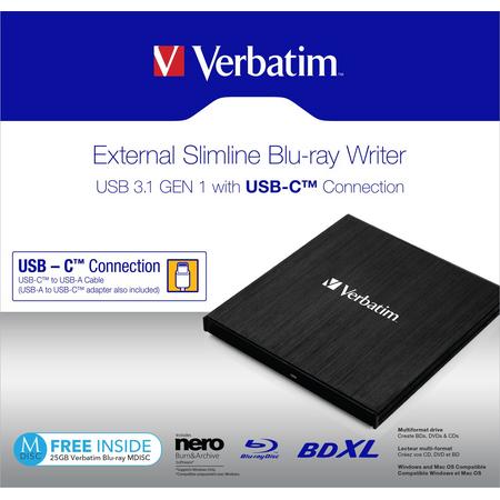 Verbatim Externe Slimline Blu-ray Rewriter met USB-C aansluiting
