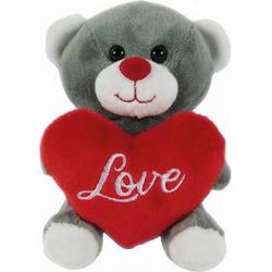 knuffelbeer met hart 12 cm grijs/rood