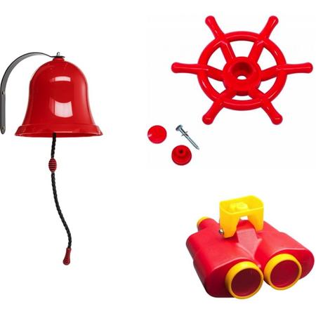 Pakket rood 2, met een verrekijker, een bootstuur en een bel