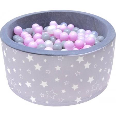 Ballenbak - stevige ballenbad - sterrenpatroon -90 x 40 cm - 400 ballen Ø 7 cm - roze, wit, grijs