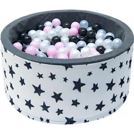 Ballenbak - stevige ballenbad - sterrenpatroon -90 x 40 cm - 400 ballen Ø 7 cm - roze, wit, zwart en zilver