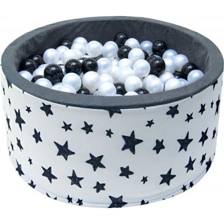 Ballenbak - stevige ballenbad - sterrenpatroon -90 x 40 cm - 400 ballen Ø 7 cm - zilver, wit en zwart