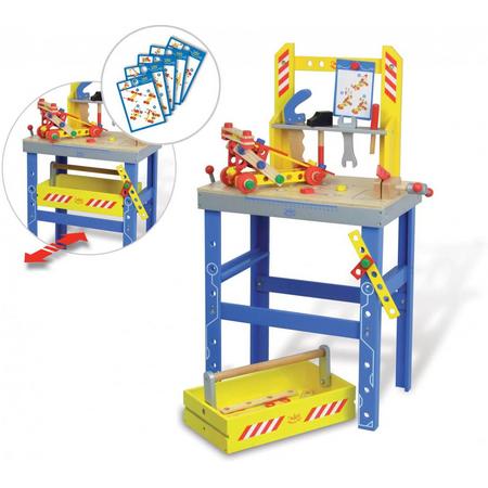 Houten speelgoed werkbank, gereedschapskoffer, gereedschap en bouwmaterialen