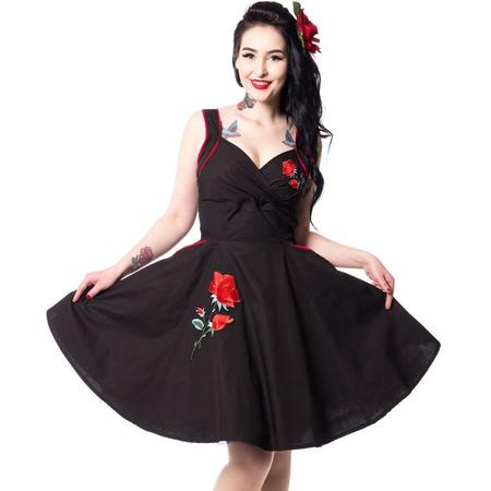 Marianne jurk met geborduurde rozen zwart - Vintage/rockabilly - L - Vixxsin