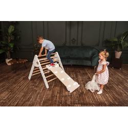 W&H houten speeltoestel voor kinderen - klimdriehoek met glijbaan en klimwand - verstelbaar - Naturel en Wit