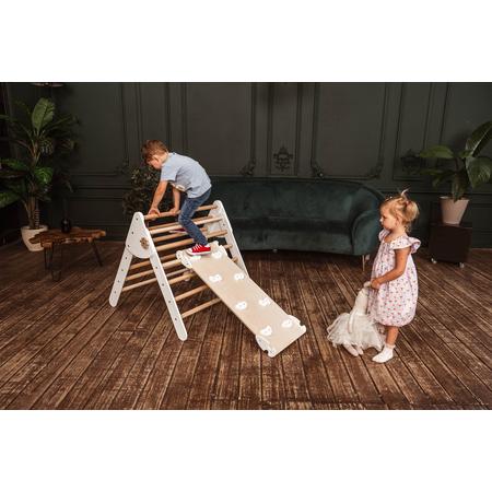 W&H houten speeltoestel voor kinderen - klimdriehoek met glijbaan en klimwand - verstelbaar - Naturel en Wit