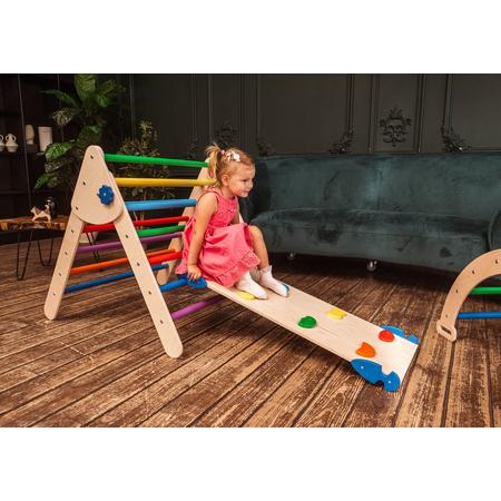 W&H houten speeltoestel voor kinderen - klimdriehoek met glijbaan en klimwand - verstelbaar - Naturel en regenboog