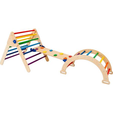 W&H kinder speeltoestel van hout - naturel hout en regenboog kleur - klimwand - klimbrug - klimdriehoek