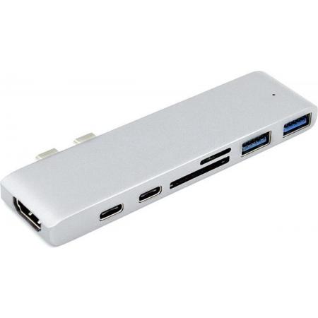 Dual USB-C Hub – 7 in 1 USB Hub – Thunderbolt 3 Type C (40Gb) – 1x 4K HDMI, 2x Type C, 2x USB 3.0 - PD Charging - Apple Macbook 2016, 2017, 2018, 2019, 2020 Silver
