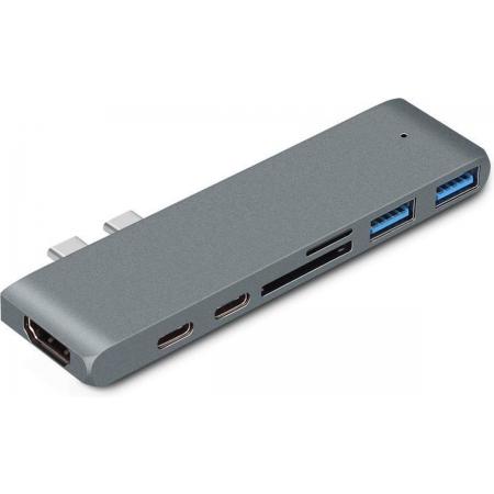 Dual USB-C Hub – 7 in 1 USB Hub – Thunderbolt 3 Type C (40Gb) – 1x 4K HDMI, 2x Type C, 2x USB 3.0 - PD Charging - Apple Macbook 2016, 2017, 2018, 2019, 2020 Space Grey