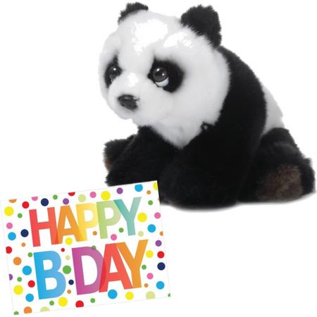 Pluche knuffel panda beer 15 cm met A5-size Happy Birthday wenskaart - Verjaardag cadeau setje