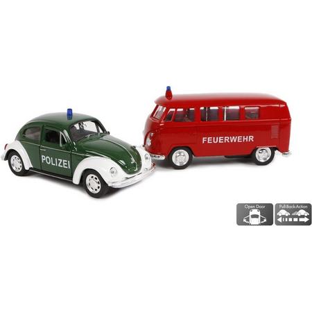 Volkswagen T1 Feuerwehr en Volkswagen Beetle Polizei schaal 1:38