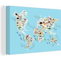 Canvas Wereldkaart - Kinderen - Kleuren - Dieren - 90x60 cm - Wanddecoratie
