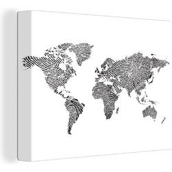 Canvas Wereldkaart - Vingerafdruk - Zwart - Wit - 80x60 cm - Wanddecoratie