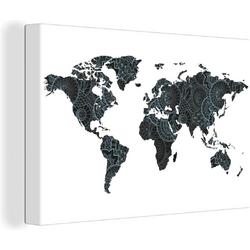 Wanddecoratie - Wereldkaart - Mandala - Blauw - 30x20 cm - Canvas