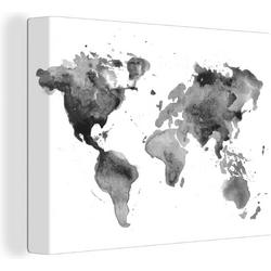 Wereldkaart aquarel zwart wit - Afgedrukt op Canvas 120x90 cm cm