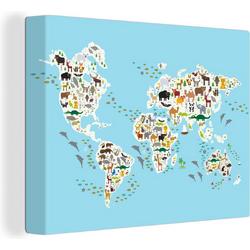 Wereldkaart met dieren canvas 40x30 cm