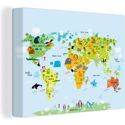 Wereldkaart ons dierenrijk baby - Afgedrukt op Canvas 120x90 cm cm