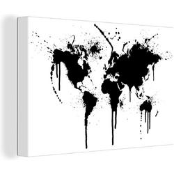 Wereldkaart zwarte inkt canvas 120x80 cm