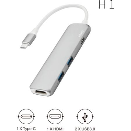 H1 4-in-1 Type C convertor Hub ( 1x Type=C, 1x HDMI, 2x USB 3.0) - Zilver