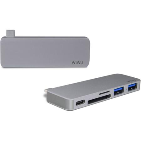 T8 USB Hub 7 in 1 Type-C Hub 3.0 Dual Type-C voor Macbook Pro USB-C Adapter met HDMI 4K Video PD Kaart SD/TF 3.0 USB Poort - Grijs