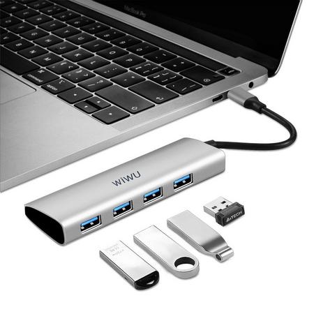 WiWu Alpha 4 in 1 adapter - Type C naar 4x USB 3.0 - USB-C Data Hub - Aluminium - Grijs