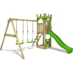 FATMOOSE Speeltoestel TreasureTower met schommel en groene glijbaan, Houten speeltoren met zandbak en klimladder voor kinderen