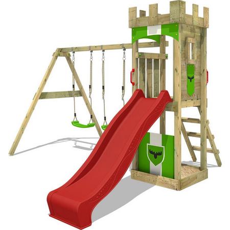 FATMOOSE Speeltoestel TreasureTower met schommel en rode glijbaan, Houten speeltoren met zandbak en klimladder voor kinderen