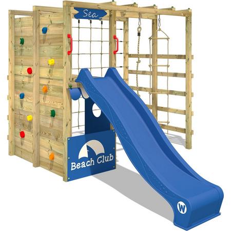 WICKEY Klimtoren voor tuin Smart Allstar met blauwe glijbaan, Houten speeltuig, Speeltoestel, klimrek met klimwand voor kinderen