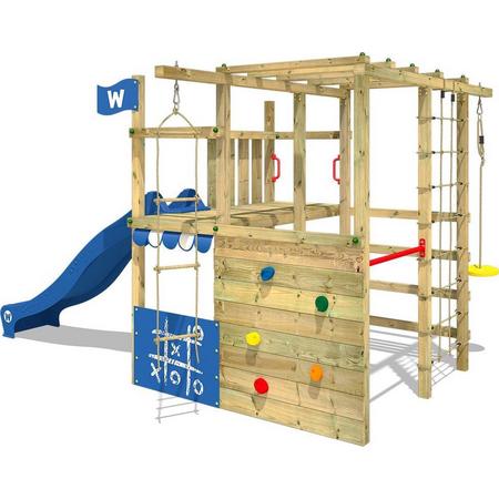 WICKEY Klimtoren voor tuin Smart Champ met blauwe glijbaan, Houten speeltuig, Speeltoestel, klimrek met klimwand voor kinderen