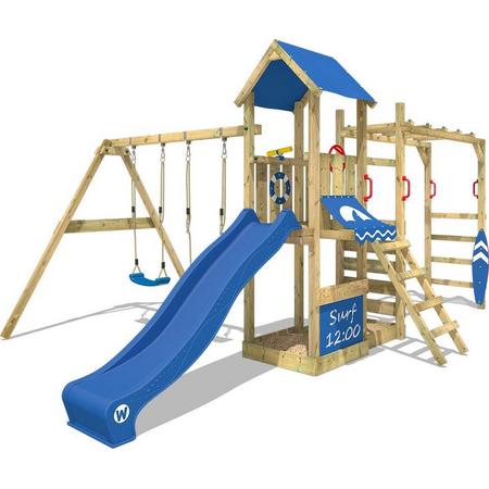 WICKEY Klimtoren voor tuin Smart Dock met schommel en blauwe glijbaan , Houten speeltuig, Speeltoestel, klimrek met zandbak en klimwand voor kinderen