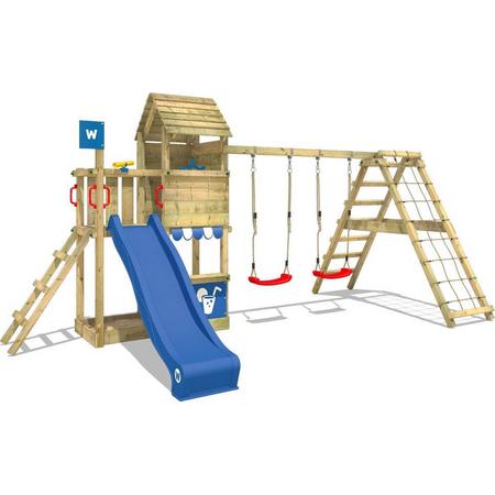 WICKEY Klimtoren voor tuin Smart Port met schommel en blauwe glijbaan, Houten speeltuig, Speeltoestel, klimrek met zandbak en klimwand voor kinderen