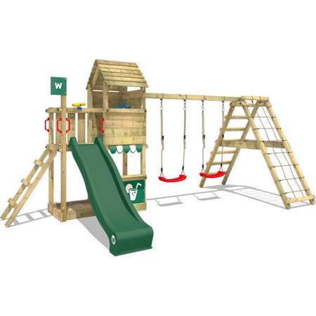 WICKEY Klimtoren voor tuin Smart Port met schommel en groene glijbaan , Houten speeltuig, Speeltoestel, klimrek met zandbak en klimwand voor kinderen