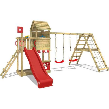 WICKEY Klimtoren voor tuin Smart Port met schommel en rode glijbaan , Houten speeltuig, Speeltoestel, klimrek met zandbak en klimwand voor kinderen