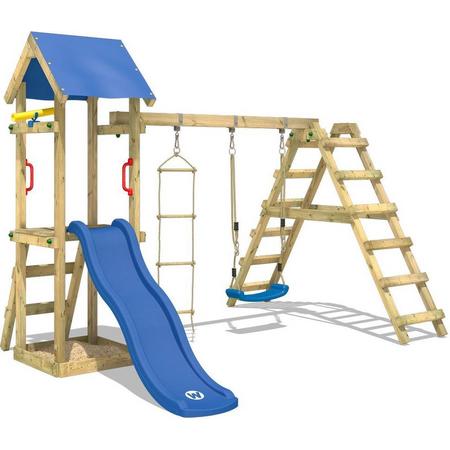 WICKEY Klimtoren voor tuin TinyLoft met schommel en blauwe glijbaan , Houten speeltuig, Speeltoestel, klimrek met zandbak en klimwand voor kinderen