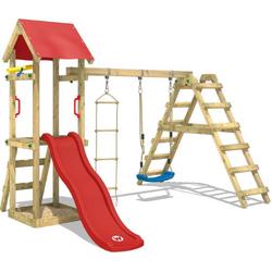 WICKEY Klimtoren voor tuin TinyLoft met schommel en rode glijbaan, Houten speeltuig, Speeltoestel, klimrek met zandbak en klimwand voor kinderen