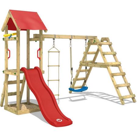 WICKEY Klimtoren voor tuin TinyLoft met schommel en rode glijbaan, Houten speeltuig, Speeltoestel, klimrek met zandbak en klimwand voor kinderen