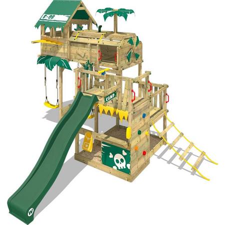 WICKEY Speeltoestel Smart Castaway met schommel en groene glijbaan, Houten speeltuig, Klimtoestel voor buiten met zandbak en klimladder, Speelhuis voor kinderen