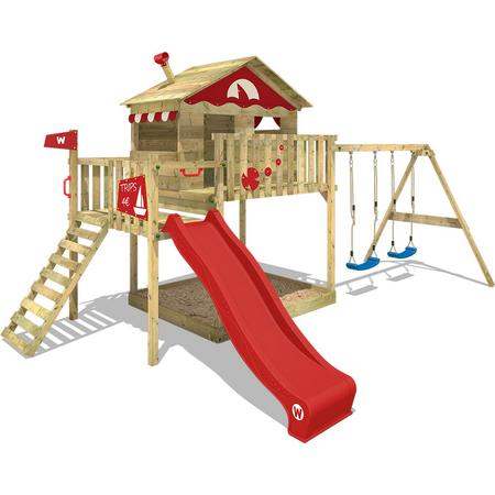 WICKEY Speeltoestel Smart Coast met schommel en roode glijbaan, Houten speelhuis met zandbak en klimladder voor kinderen