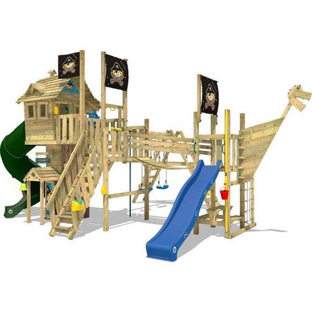 WICKEY Speeltoestel voor tuin Neverland GOLD met spiraalglijbaan, schommel en blauwe glijbaan, Houten speeltuig, Klimtoestel voor buiten met klimladder, Speelhuis voor kinderen