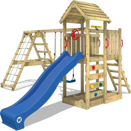 WICKEY Speeltoestel voor tuin RocketFlyer met schommel en blauwe glijbaan, Houten speeltuig, Speeltoren voor buiten met zandbak en klimladder voor kinderen