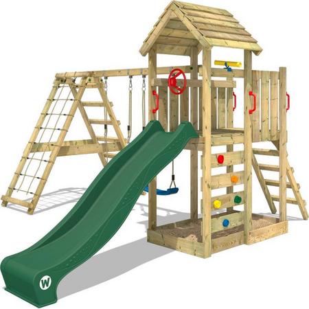 WICKEY Speeltoestel voor tuin RocketFlyer met schommel en groene glijbaan, Houten speeltuig, Speeltoren voor buiten met zandbak en klimladder voor kinderen