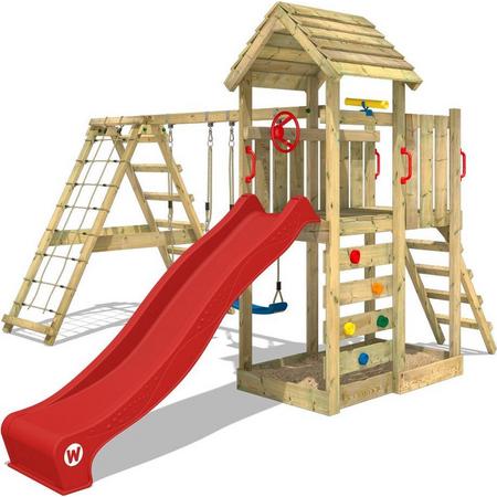 WICKEY Speeltoestel voor tuin RocketFlyer met schommel en rode glijbaan, Houten speeltuig, Speeltoren voor buiten met zandbak en klimladder voor kinderen